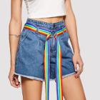 Shein Raw Hem Denim Shorts With Rainbow Stripe Belt