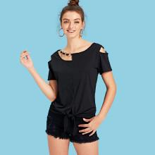 Shein Ring Detail Knot Hem Tee