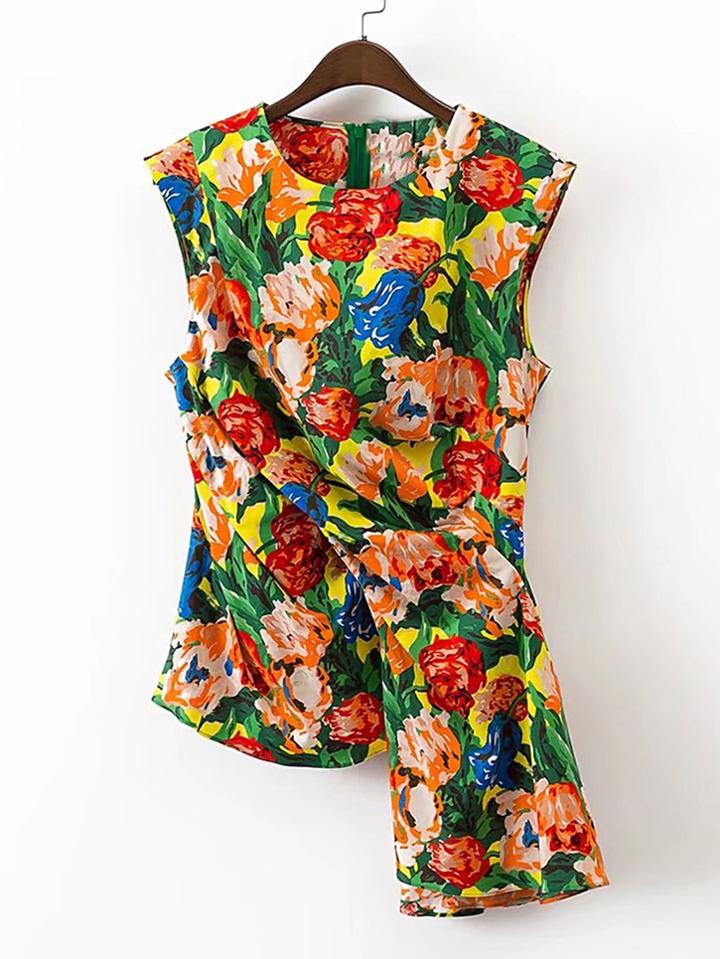Shein Fold Detail Floral Print Sleeveless Top