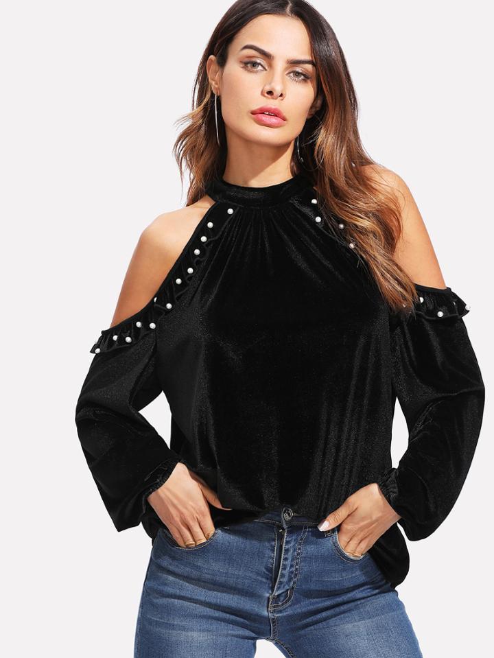 Shein Pearl Beading Open Shoulder Velvet Top