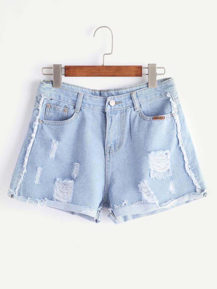 Shein Light Blue Ripped Raw Hem Cuffed Shorts