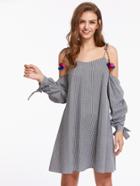 Shein Pom Pom Tie Shoulder Ruched Sleeve Gingham Dress