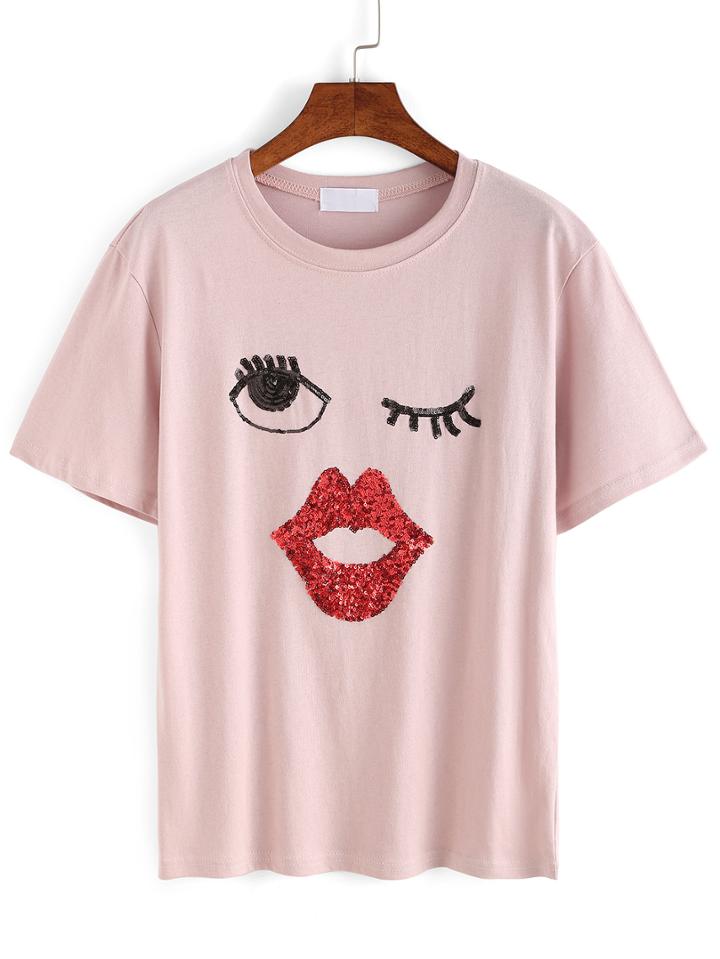 Shein Pink Eyes Pattern Sequined T-shirt