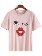 Shein Pink Eyes Pattern Sequined T-shirt