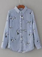Shein Blue Vertical Striped Cranes Embroidery Blouse