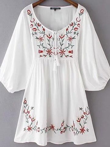 Shein White Lantern Sleeve Tie Neck Embroidery Dress