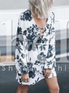 Shein White Long Sleeve V Neck Floral Dress