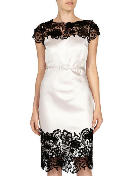 Shein White Round Neck Backless Contrast Lace Drawstring Dress