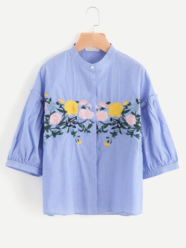 Shein Vertical Pinstriped Embroidery Blouse