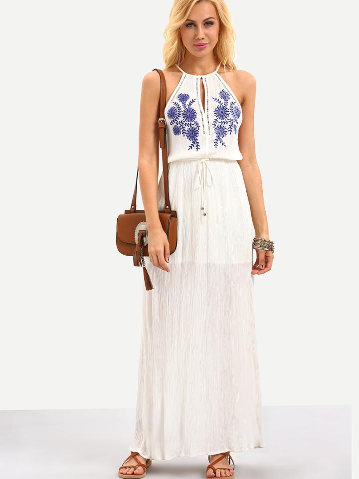 Shein Keyhole Halter Neck Drawstring Waist Embroidered Dress - White