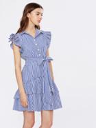 Shein Flutter Sleeve Belted Layered Hem Shirt Dress