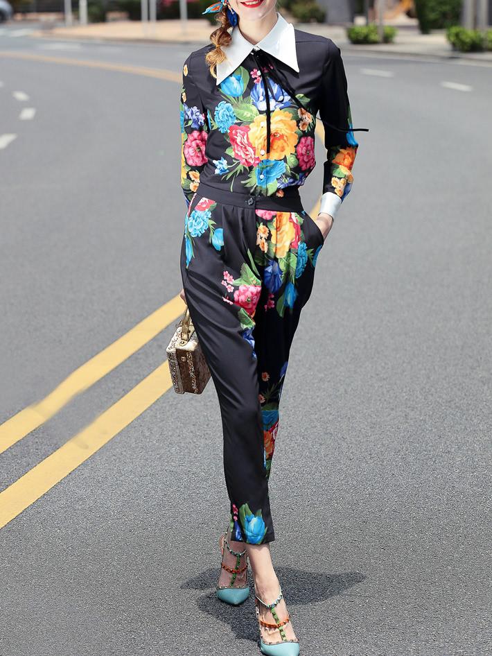 Shein Flowers Print Top With Pockets Pants