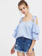 Shein Self Tie Shoulder Lace Trim Layered Bell Sleeve Top
