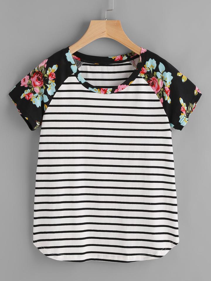 Shein Floral Raglan Sleeve Striped Curved Hem Tee