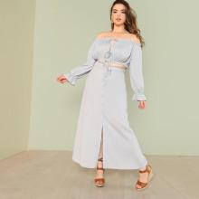 Shein Plus Flounce Sleeve Bardot Crop Top & Slit Hem Skirt Set
