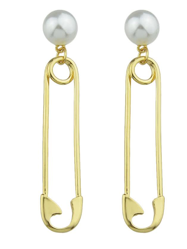 Shein Gold Color Imitation Pearl Metal Pin Shape Big Stud Earrings