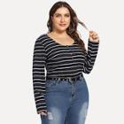 Shein Plus Button Front Slim Fit Striped Tee