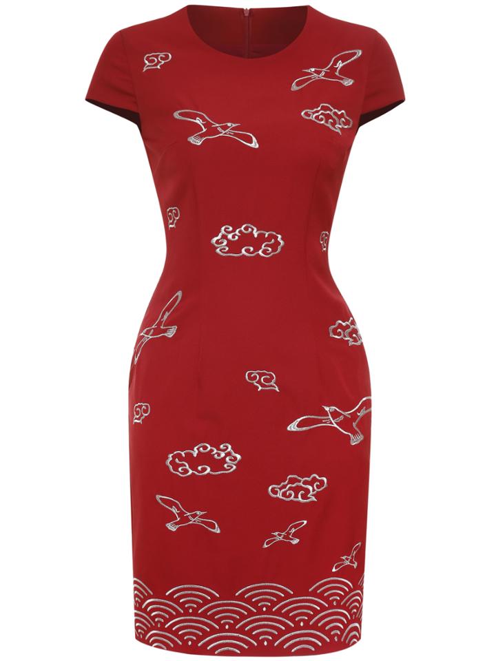 Shein Red Cap Sleeve Embroidered Sheath Dress
