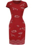 Shein Red Cap Sleeve Embroidered Sheath Dress