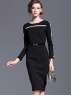 Shein Black Round Neck Long Sleeve Drawstring Pockets Dress