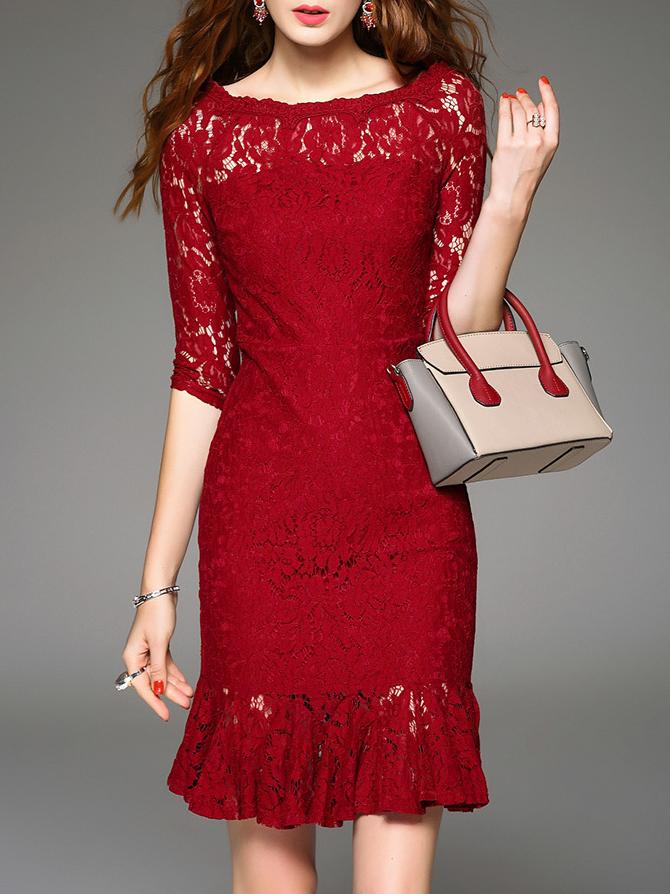 Shein Red Crew Neck Lace Frill Dress