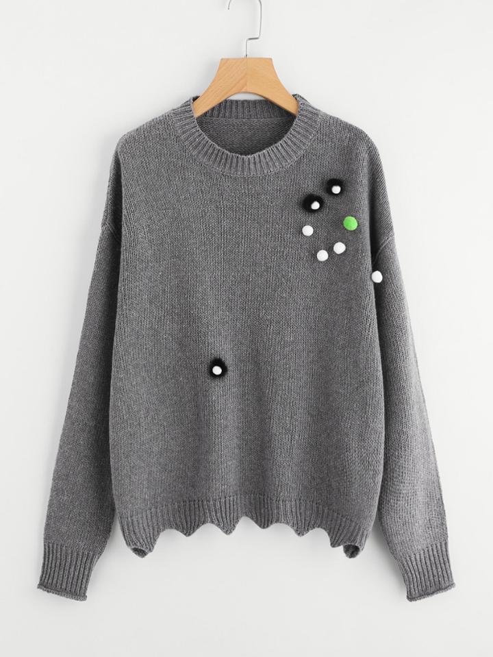 Shein Drop Shoulder Pompom Embellished Scallop Hem Sweater
