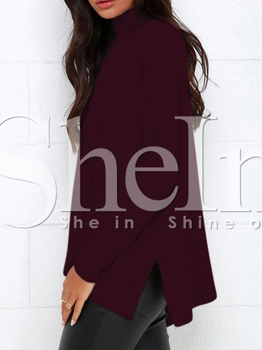 Shein Burgundy High Neck Side Slit Asymmetrical T-shirt