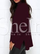 Shein Burgundy High Neck Side Slit Asymmetrical T-shirt