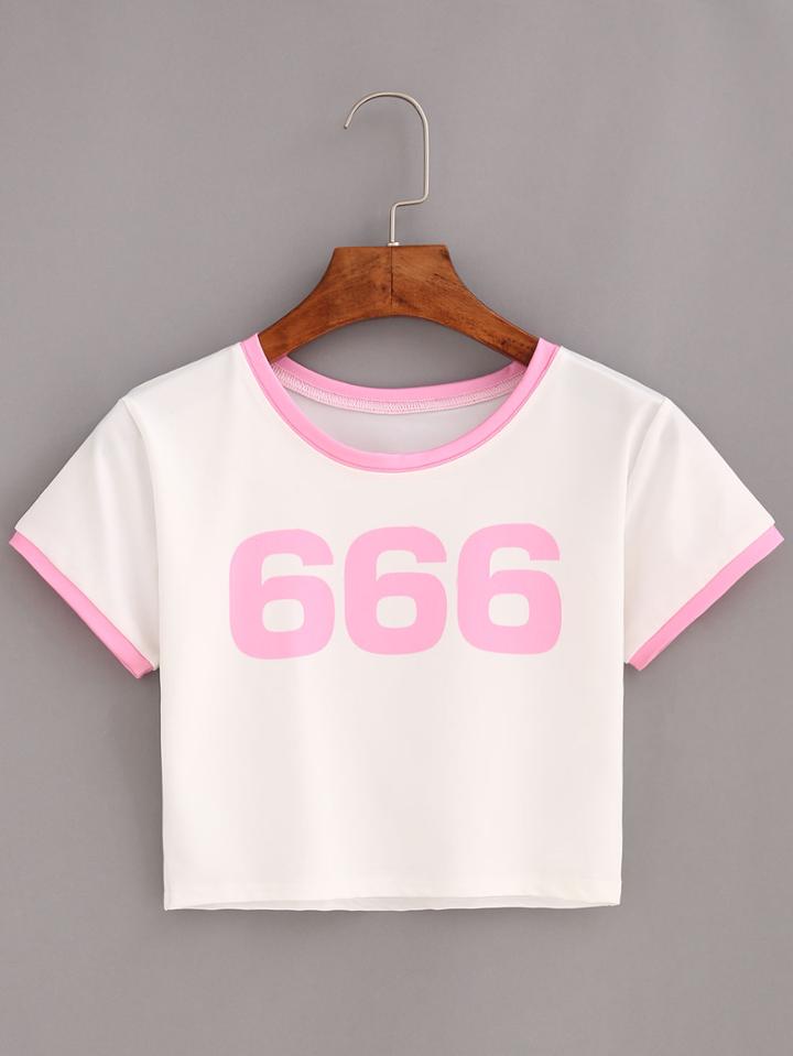 Shein Contrast Trim Number Print Crop T-shirt - White