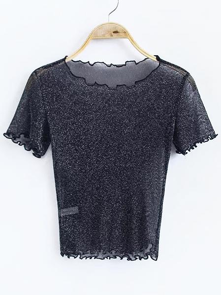 Shein Lettuce Edge Trim Sheer Mesh Glitter Top