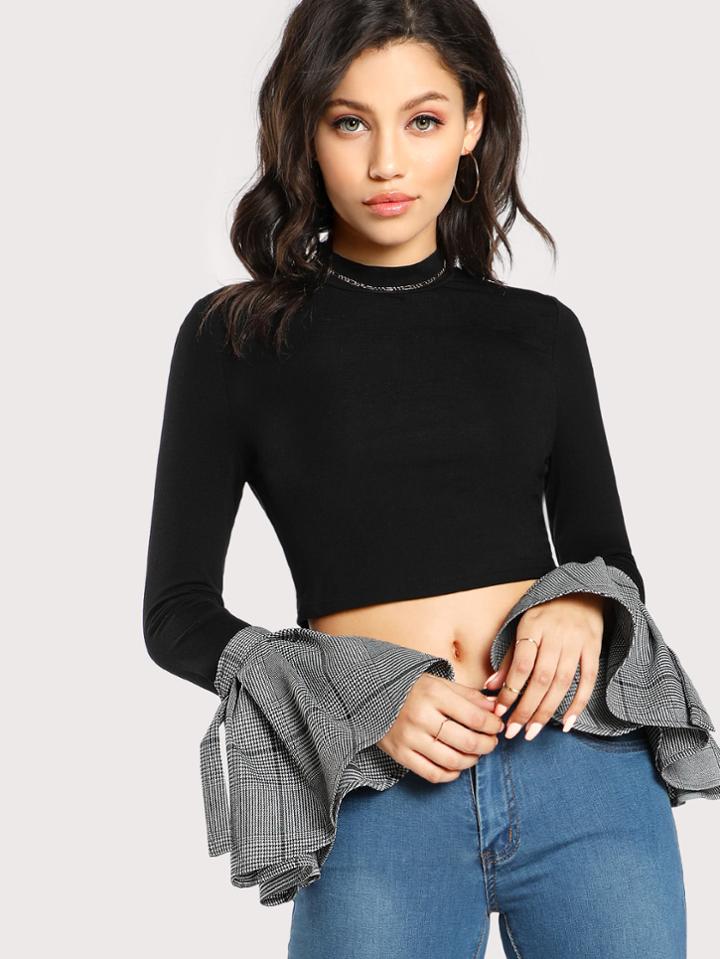 Shein Slim Fit Tee With Houndstooth Bell Sleeve