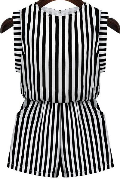 Shein Black Sleeveless Vertical Striped Jumpsuit