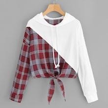 Shein Knot Hem Contrast Panel Plaid Hooded Sweatshirt
