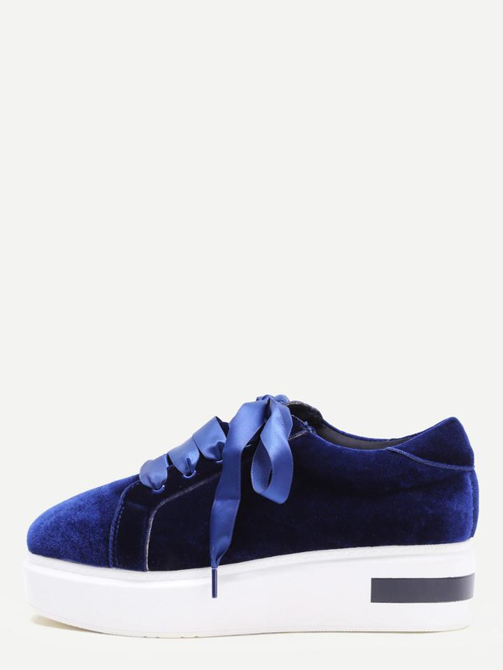 Shein Blue Velvet Almond Toe Lace Up Wedges