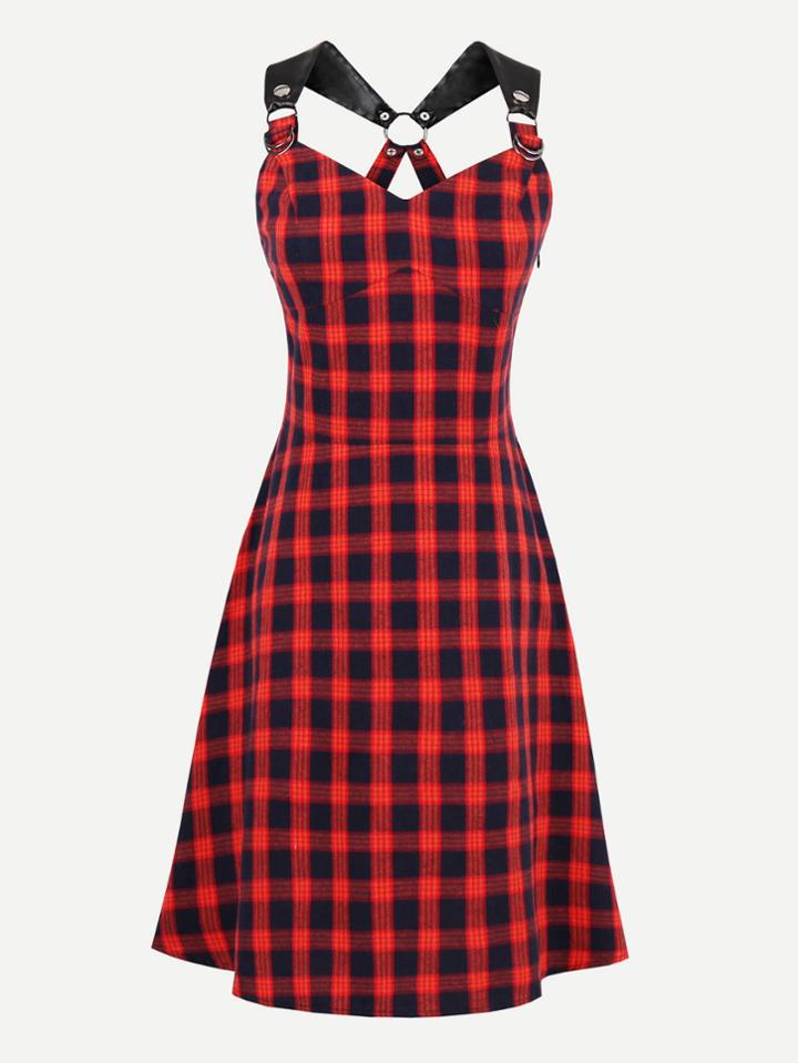Shein Contrast Pu Strap O-ring Detail Tartan Swing Dress