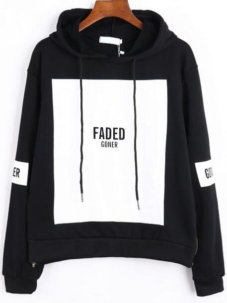 Shein Black White Hooded Letters Print Loose Sweatshirt