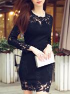 Shein Black Round Neck Long Sleeve Contrast Gauze Embroidered Knit Dress