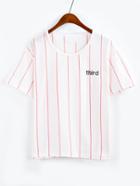 Shein Vertical Striped Letter Embroidered Pink T-shirt