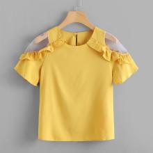 Shein Sheer Panel Frill Trim Blouse