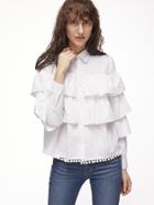 Shein White Pom  Pom Trim Layered Ruffle Blouse