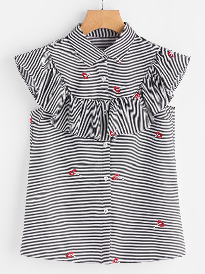 Shein Ruffle Yoke Red Lip Embroidered Striped Blouse