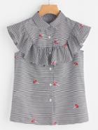Shein Ruffle Yoke Red Lip Embroidered Striped Blouse