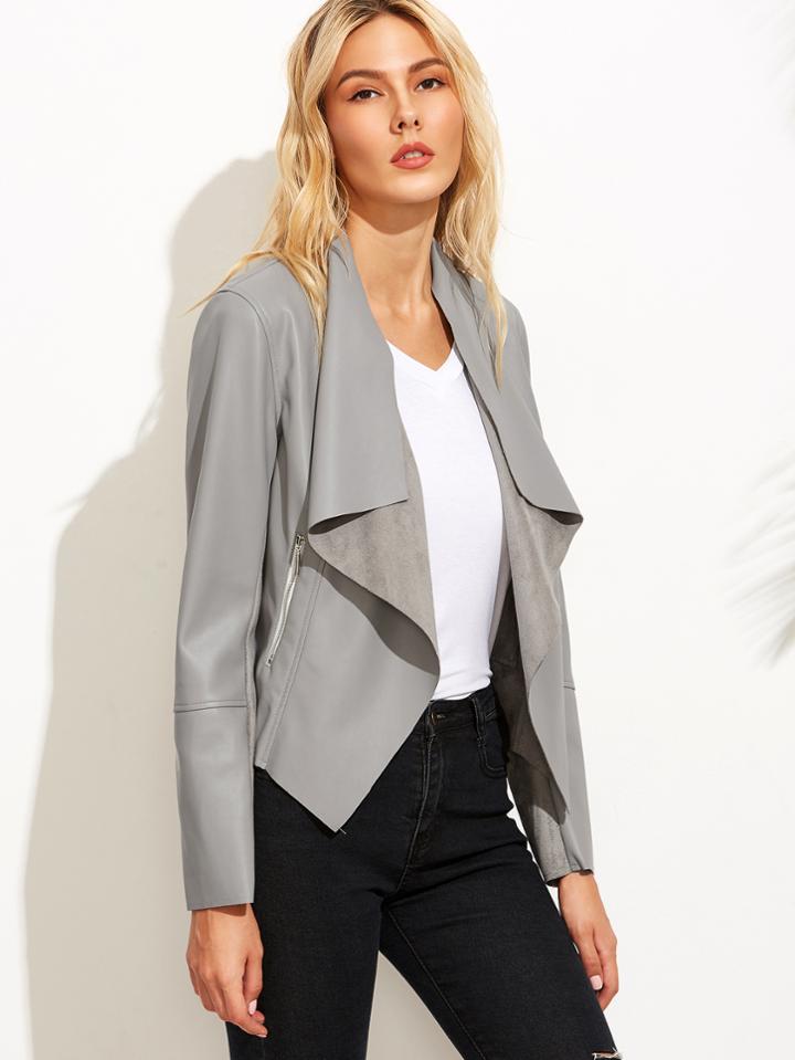 Shein Grey Faux Leather Waterfall Jacket