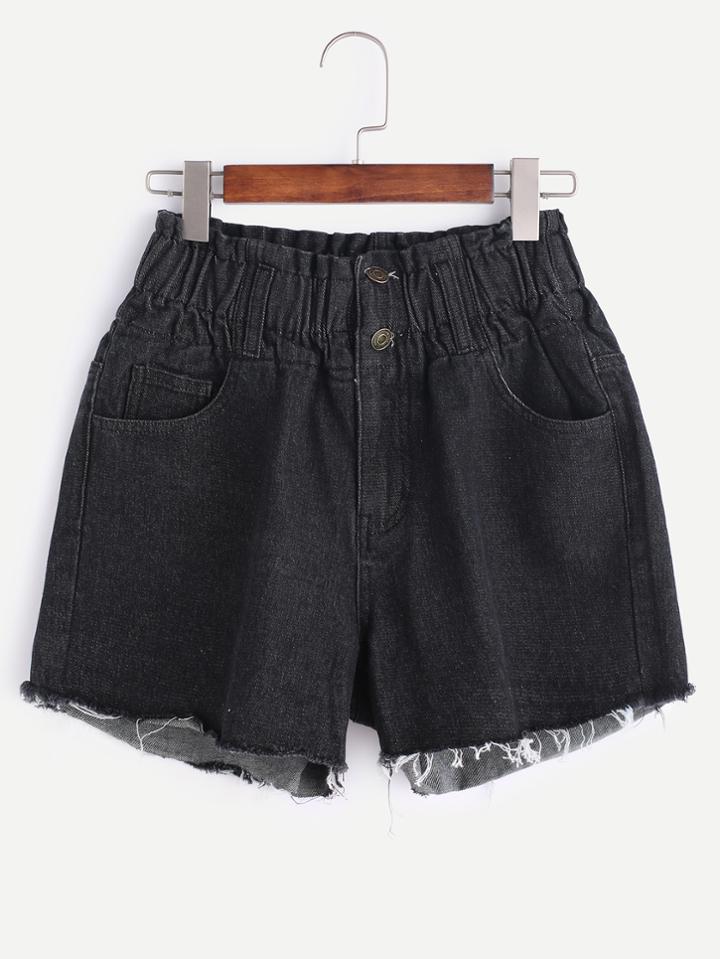 Shein Buttoned Elastic Waist Raw Cut Denim Shorts