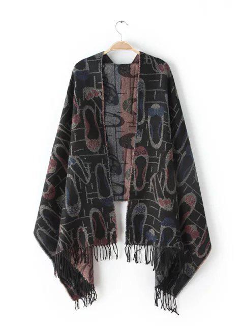 Shein Black Print Fringe Edge Shawl Scarf