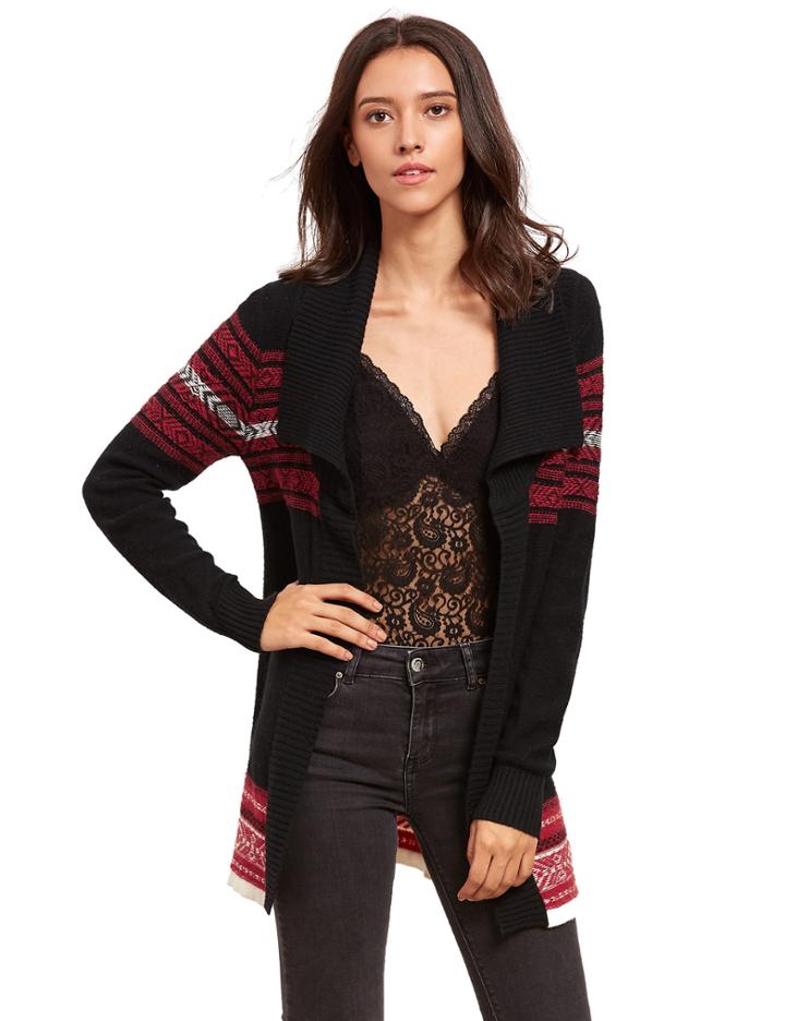 Shein Black Long Sleeve Lapel Geometric Pattern Sweater