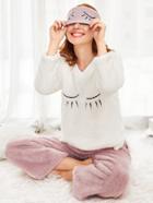 Shein Eyelash Embroidered Faux Fleece Pullover & Pants Pj Set