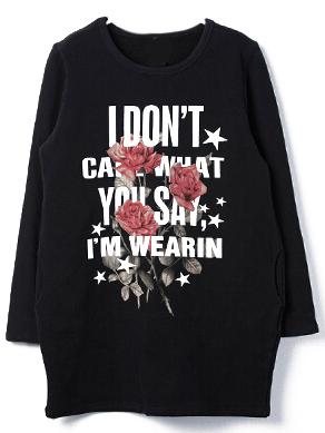 Shein Black Crew Neck Letters Rose Print Loose T-shirt