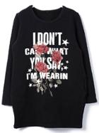 Shein Black Crew Neck Letters Rose Print Loose T-shirt
