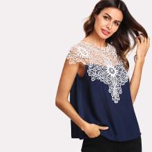 Shein Lace Applique Yoke Knot Back Top